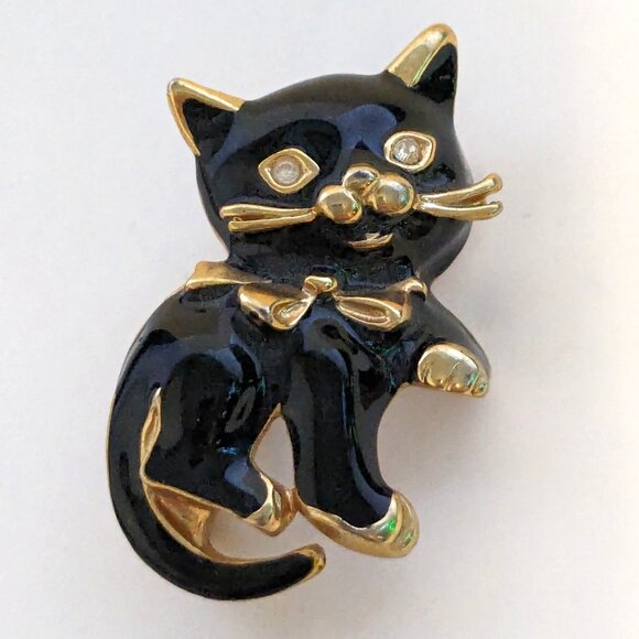 Unknown Jewelry - Vintage Black Enamel Clear Rhinestone Eyes Kitty Cat Kitten Halloween Brooch Pin